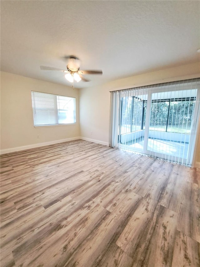 spare room featuring light wood-type flooring, ceiling fan, and a healthy amount of sunlight