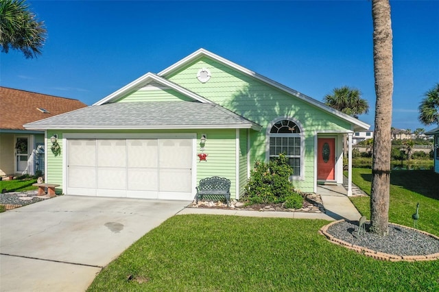 single story home featuring a garage and a front lawn