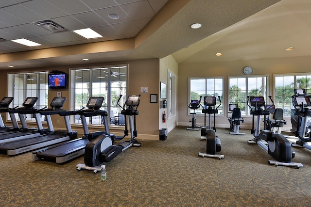 exercise room featuring carpet flooring and a paneled ceiling