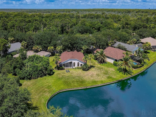 bird's eye view with a water view