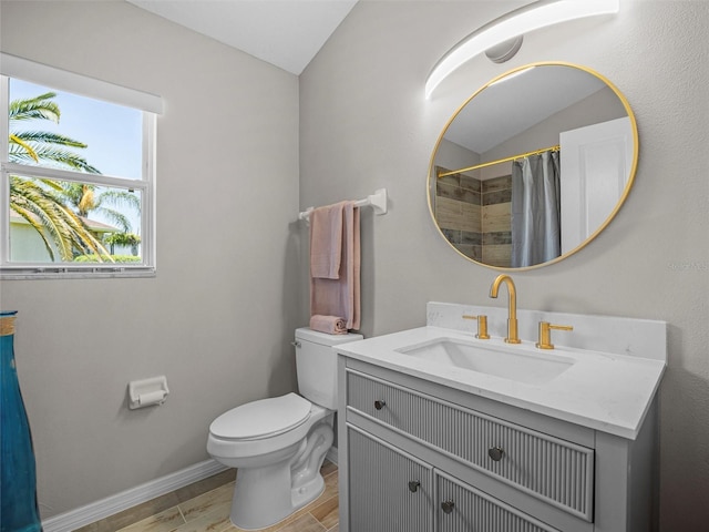 bathroom featuring a shower with curtain, wood-type flooring, lofted ceiling, toilet, and vanity