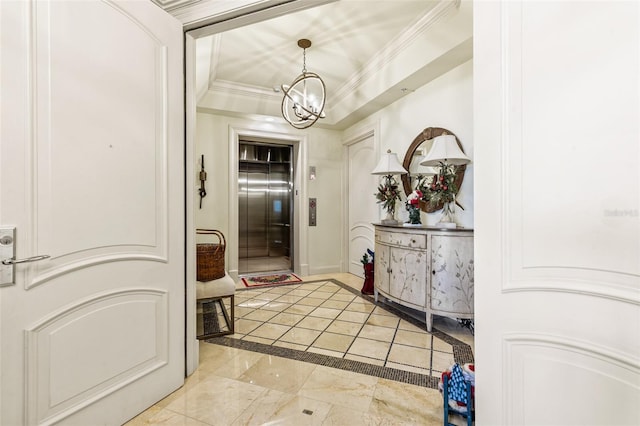 hall with elevator, crown molding, and an inviting chandelier