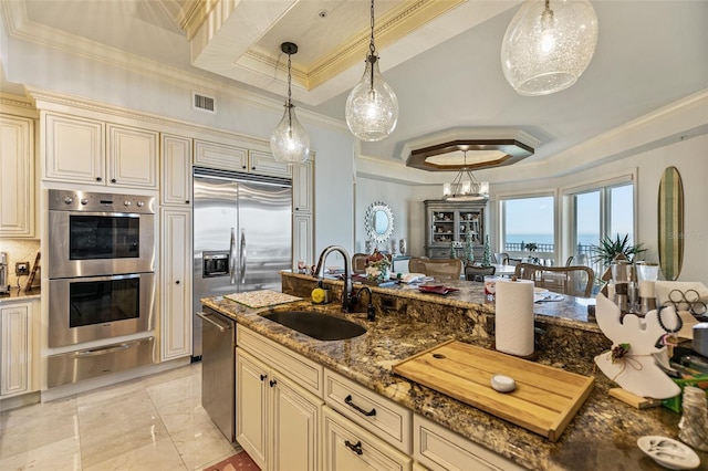 kitchen featuring a raised ceiling, cream cabinets, sink, and stainless steel appliances