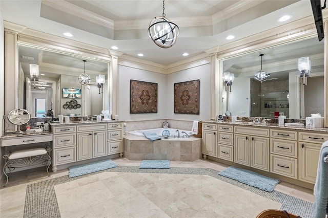 bathroom featuring tile patterned floors, vanity, crown molding, and independent shower and bath