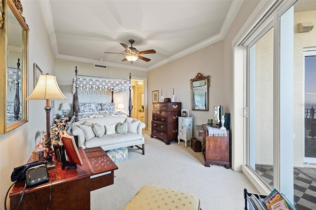 bedroom with carpet, multiple windows, ceiling fan, and ornamental molding