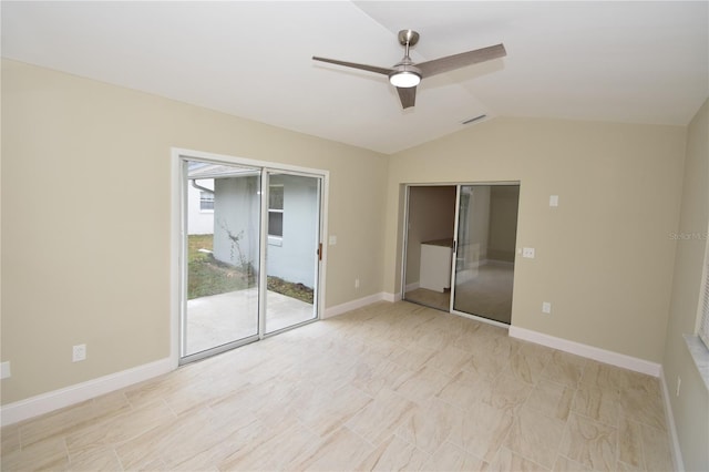 unfurnished bedroom featuring vaulted ceiling and ceiling fan