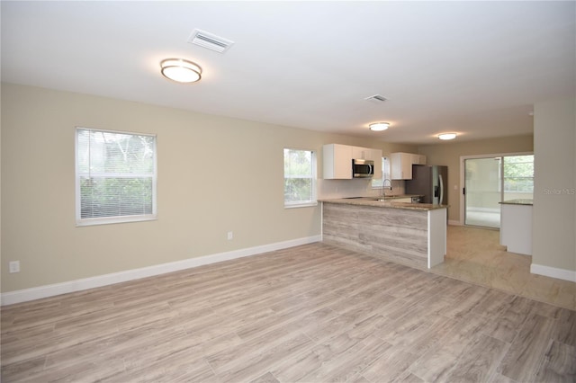 interior space with appliances with stainless steel finishes, light hardwood / wood-style flooring, white cabinets, sink, and kitchen peninsula