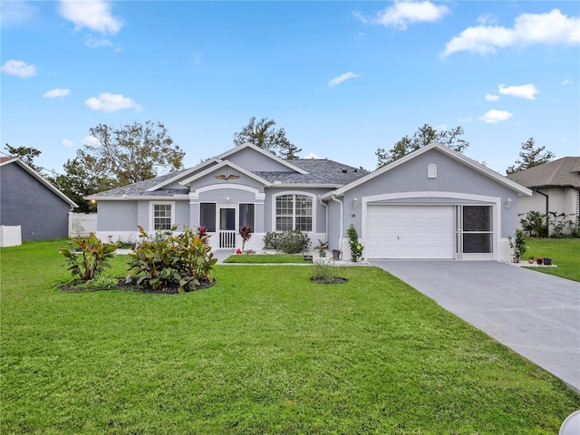 ranch-style house with a front yard and a garage