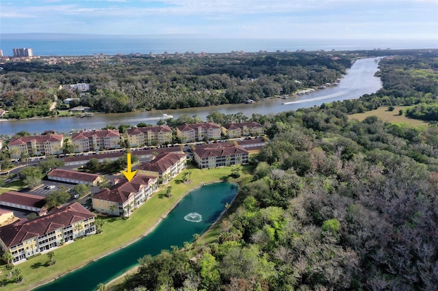 aerial view featuring a water view