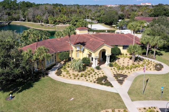 bird's eye view with a water view