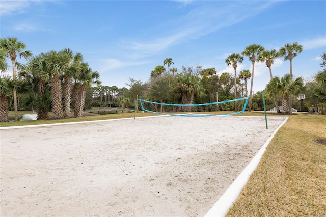 view of property's community featuring a lawn and volleyball court