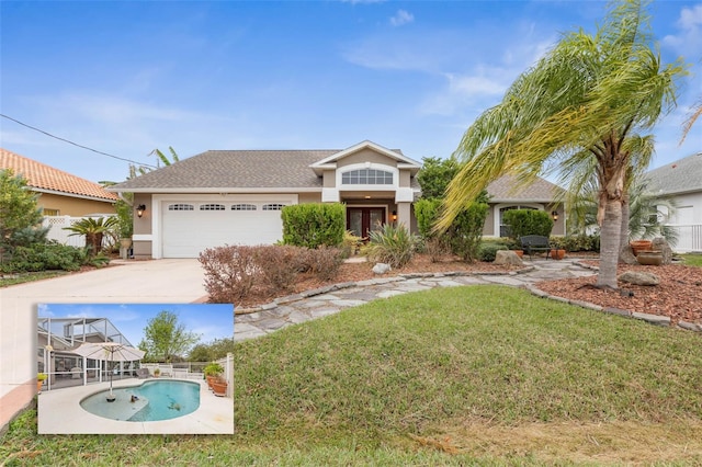 view of front facade featuring a fenced in pool, a garage, and a front lawn