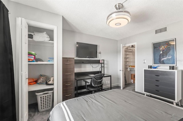 bedroom featuring carpet, a textured ceiling, a spacious closet, and a closet