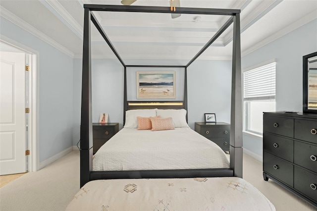 bedroom with light carpet, ornamental molding, and baseboards