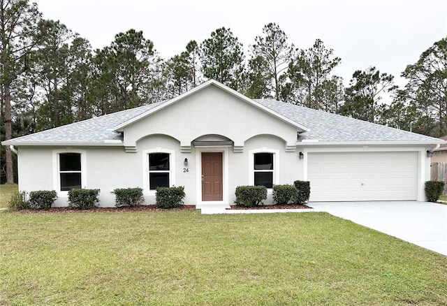 single story home with a garage and a front yard