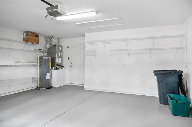 garage with heating unit, a garage door opener, and water heater