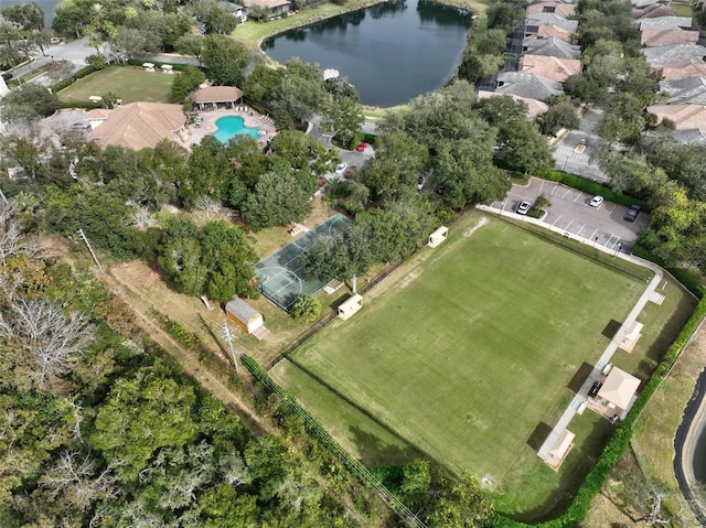 aerial view featuring a water view