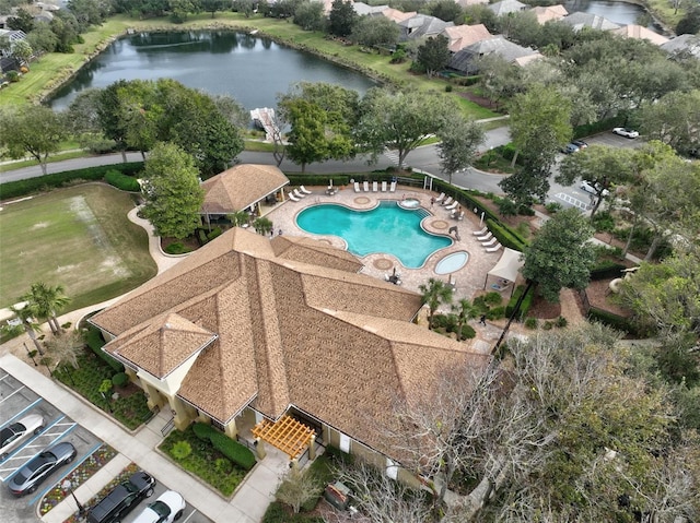 drone / aerial view featuring a water view