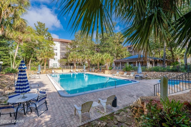 view of swimming pool featuring a patio area