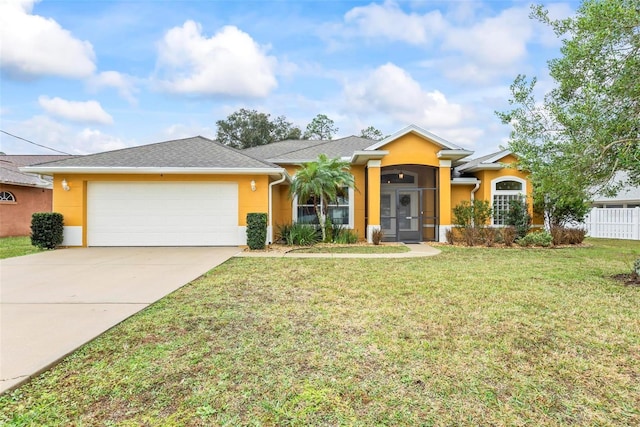 ranch-style home featuring a front lawn and a garage