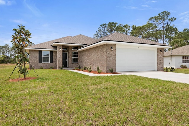 single story home featuring brick siding, a shingled roof, a garage, a front lawn, and concrete driveway