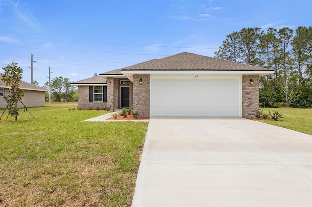 ranch-style home with brick siding, an attached garage, a front lawn, and driveway