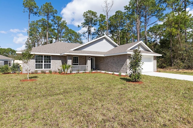 ranch-style house featuring a porch, a garage, and a front yard