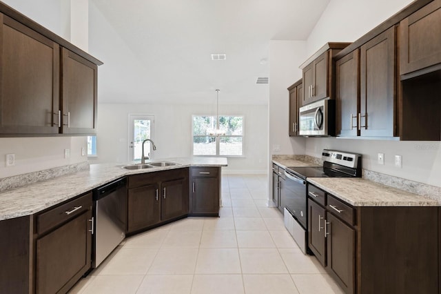 kitchen with dark brown cabinetry, sink, decorative light fixtures, kitchen peninsula, and stainless steel appliances