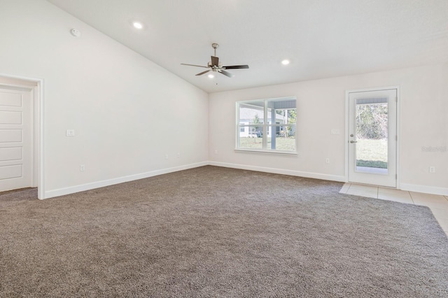 unfurnished living room featuring light carpet, high vaulted ceiling, and ceiling fan