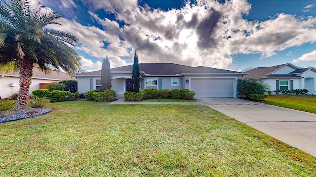 ranch-style house with a garage and a front yard