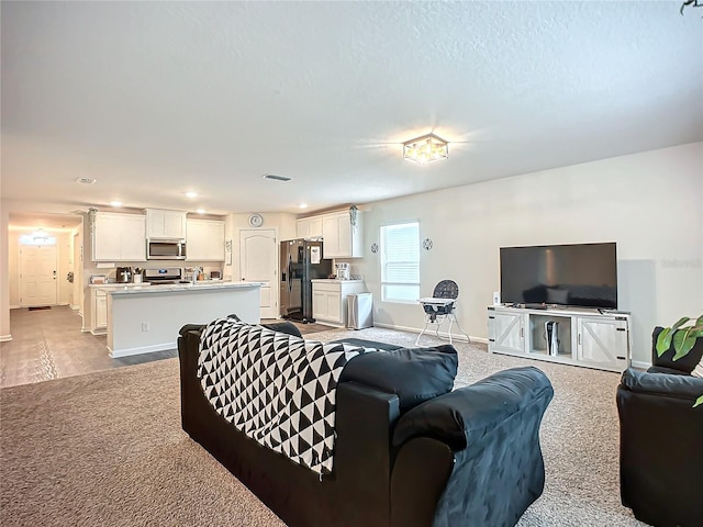 living room with light colored carpet and a textured ceiling