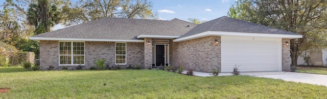 ranch-style house with a garage and a front lawn