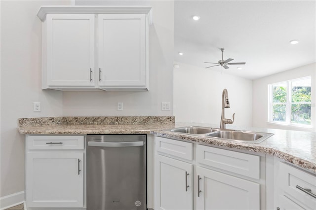 kitchen featuring white cabinetry, stainless steel dishwasher, ceiling fan, and sink