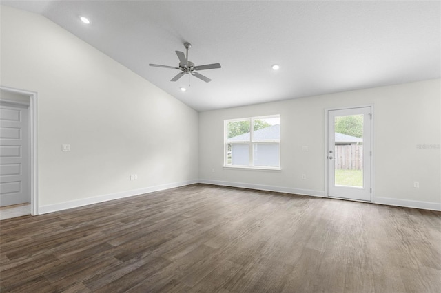39 Zaun Trl, Palm Coast, FL 32164 - empty room with vaulted ceiling, ceiling fan, dark wood finished floors, recessed lighting, and baseboards