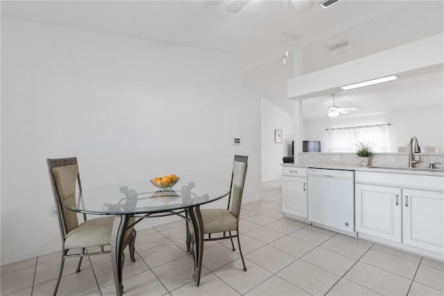 dining area with light tile patterned floors, ceiling fan, and sink