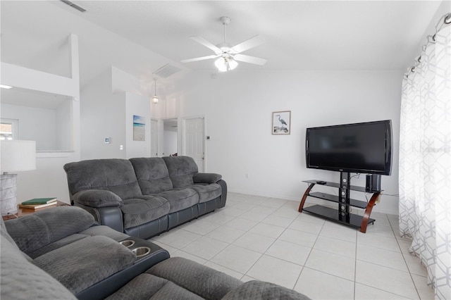 living room featuring ceiling fan, light tile patterned floors, and high vaulted ceiling