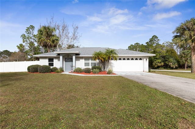 ranch-style house featuring a garage and a front lawn