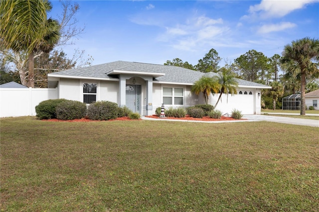 single story home with a garage and a front lawn