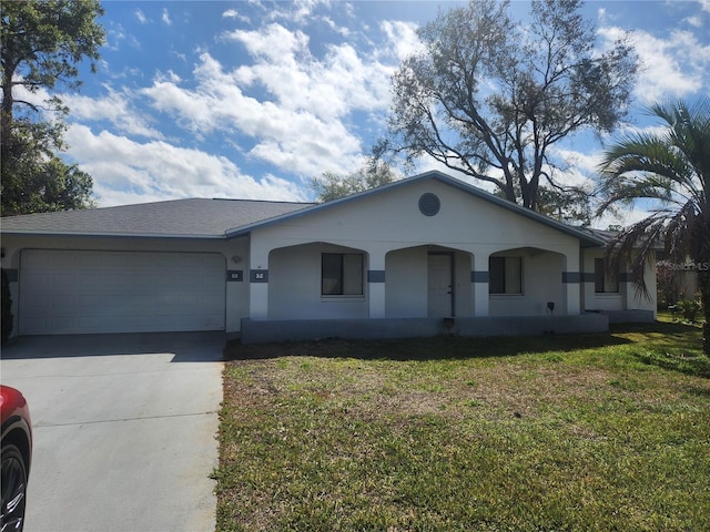 ranch-style home featuring a garage, stucco siding, concrete driveway, and a front lawn