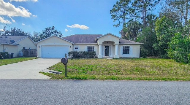 single story home with a garage, driveway, a front lawn, and stucco siding