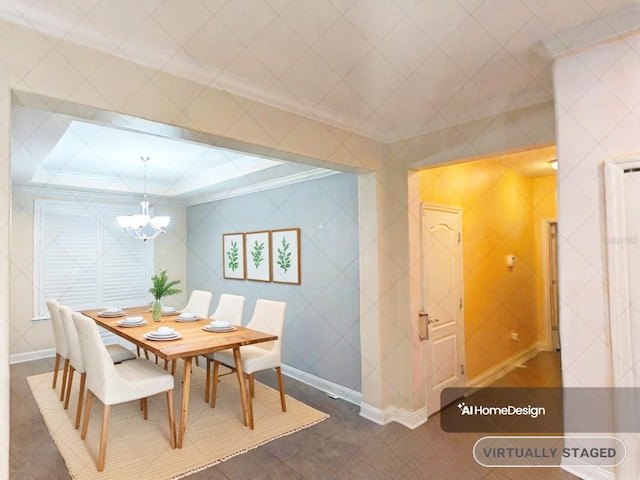 dining space with crown molding, tile walls, and a notable chandelier