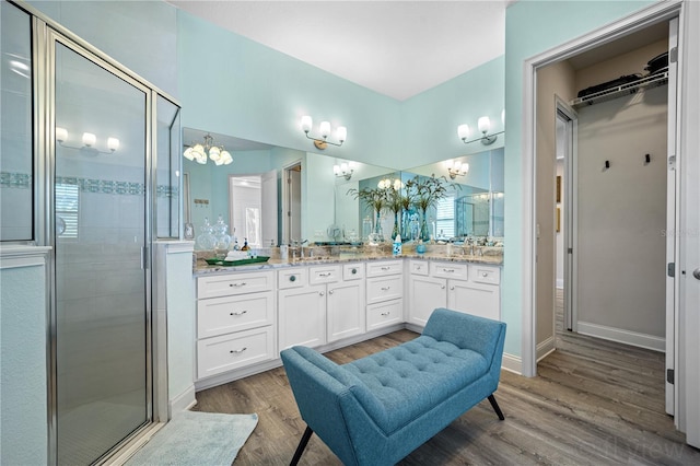 bathroom with vanity, hardwood / wood-style flooring, and an enclosed shower