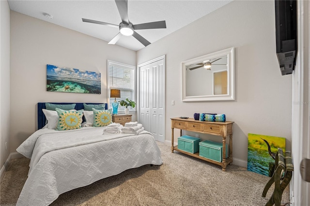 bedroom featuring a closet, carpet floors, and ceiling fan