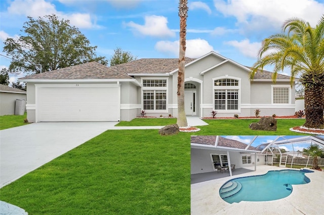 exterior space featuring a patio area, a front yard, and a garage