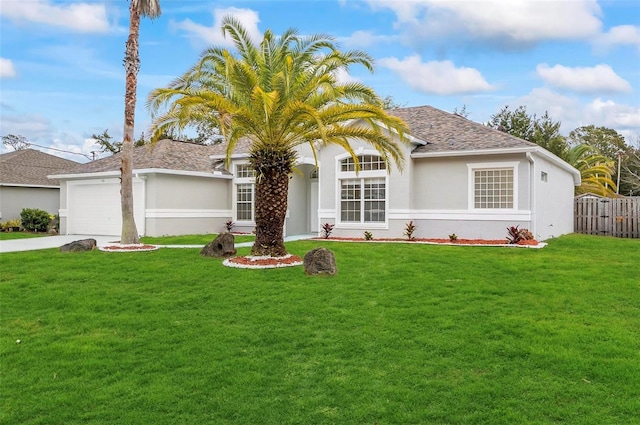 ranch-style house featuring a front yard and a garage