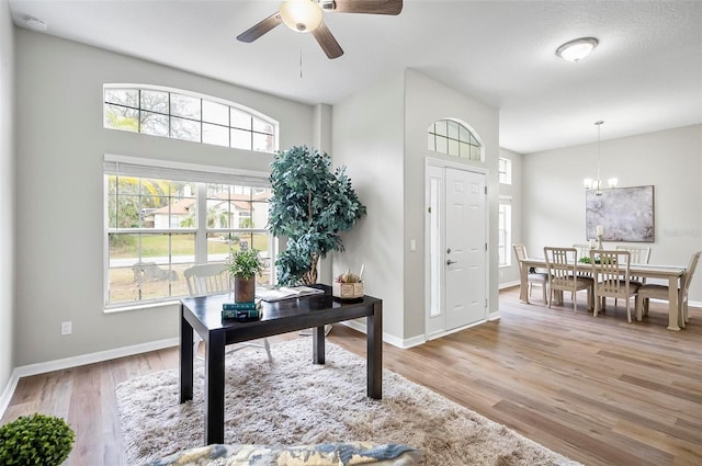 entrance foyer featuring light hardwood / wood-style flooring and ceiling fan with notable chandelier