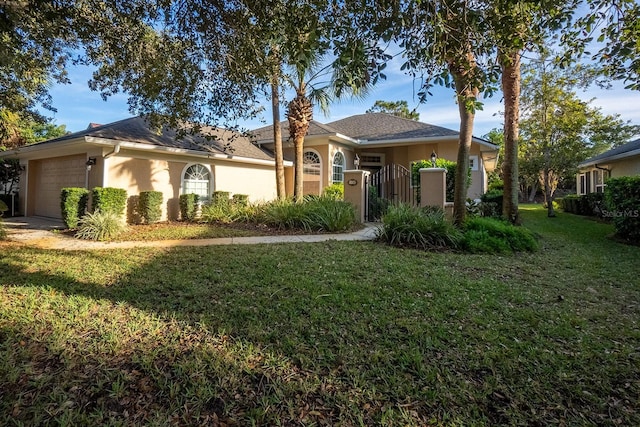 single story home with a front lawn and a garage