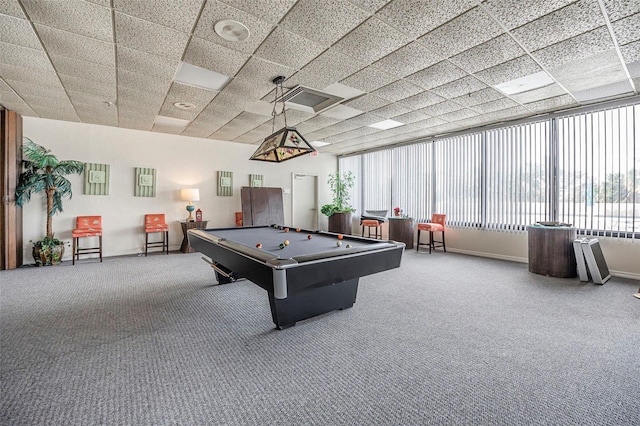 game room featuring a drop ceiling, carpet, and billiards