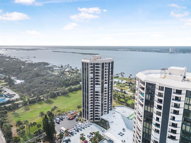 drone / aerial view featuring a water view