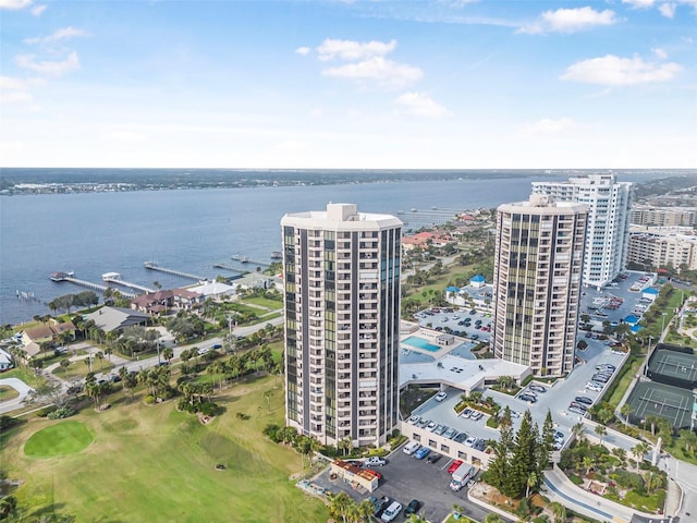 birds eye view of property featuring a water view